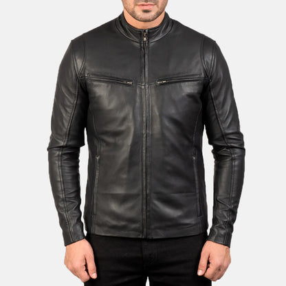 Black leather jacket worn by a person on a white background