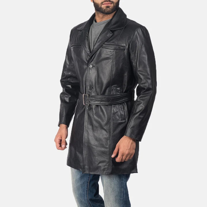 Ravenwood Belted Black Cowhide Leather Coat