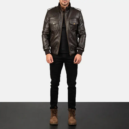 Men Dark Brown Leather Bomber Jacket