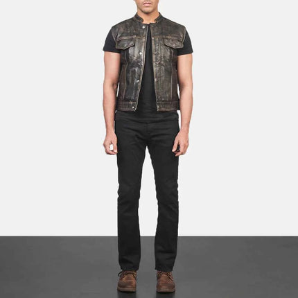 Men's Moto Distressed Brown Leather Vest