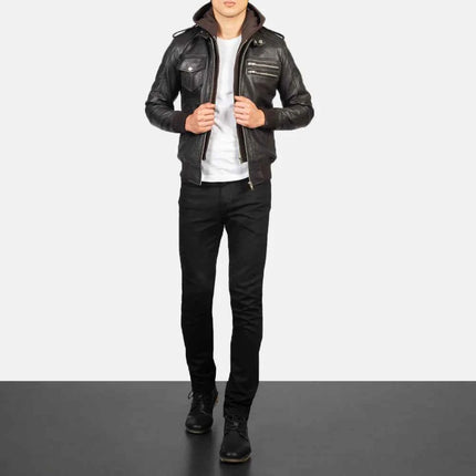 Men's Bravado Brown Hooded Leather Bomber Jacket