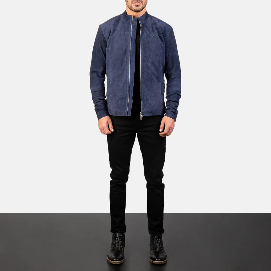 Midnight Navy Blue Men Suede Biker Jacke
