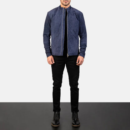 Midnight Navy Blue Men Suede Biker Jacke