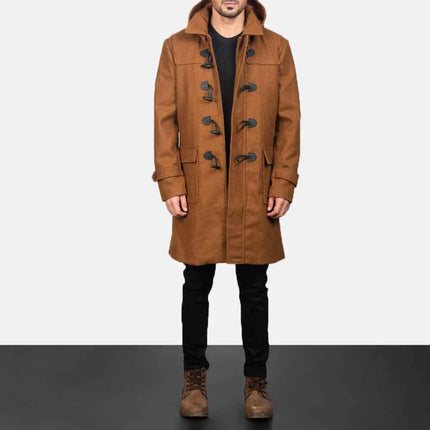 Men's Khaki Wool Hooded Duffle Coat