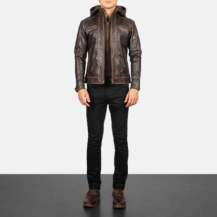 Men's Vintage Brown Hooded Leather Biker Jacket