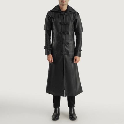Men's Huntsman Black Hooded Leather Trench Coat
