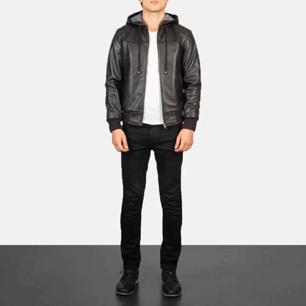 Men's Brown Hooded Leather Bomber Jacket