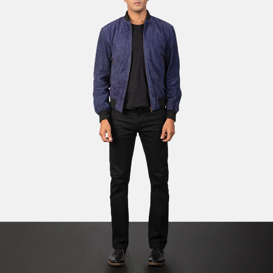 Slate Blue Men Suede Bomber Jacket