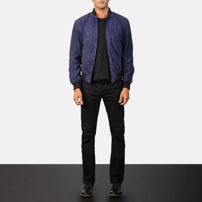 Slate Blue Men Suede Bomber Jacket