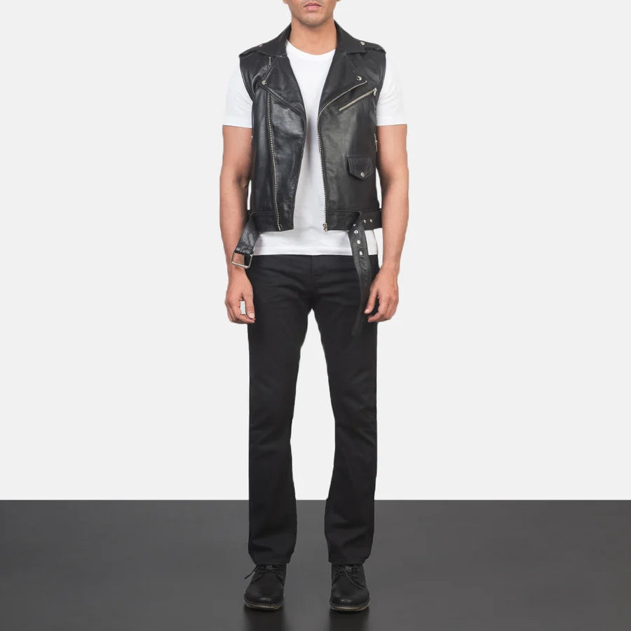 Men Black Leather Biker Vest