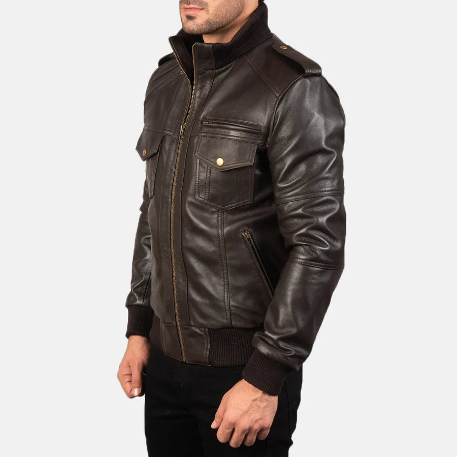 Men Dark Brown Leather Bomber Jacket