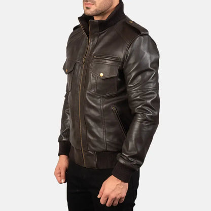Men Dark Brown Leather Bomber Jacket