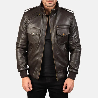 Men Dark Brown Leather Bomber Jacket