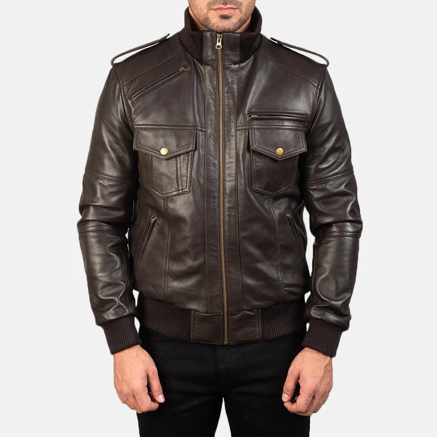Men Dark Brown Leather Bomber Jacket
