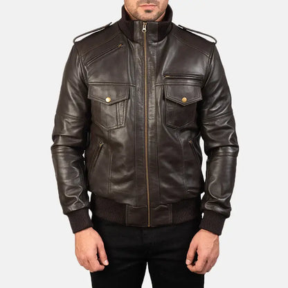 Men Dark Brown Leather Bomber Jacket