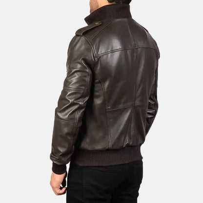 Men Dark Brown Leather Bomber Jacket