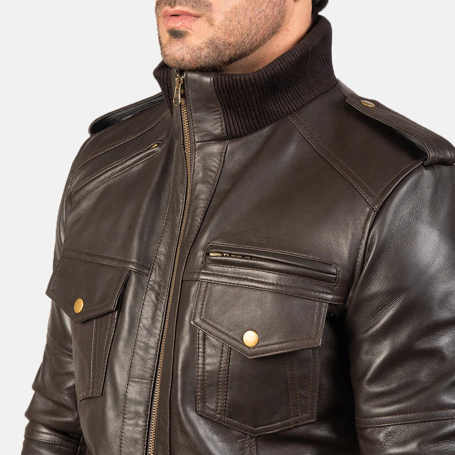 Men Dark Brown Leather Bomber Jacket