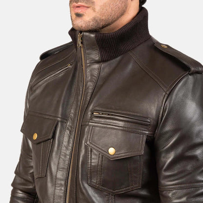 Men Dark Brown Leather Bomber Jacket
