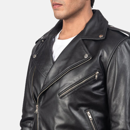 Black leather jacket with zippers on a plain background