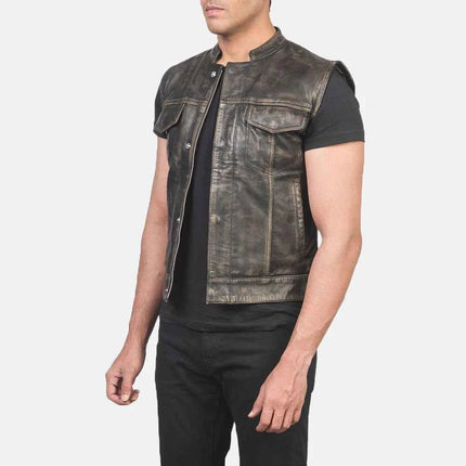 Men's Moto Distressed Brown Leather Vest