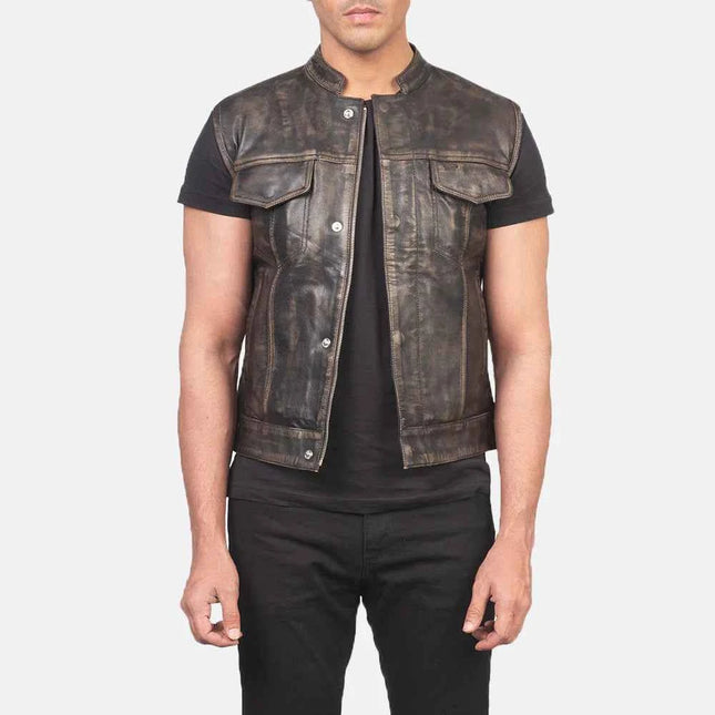 Men's Moto Distressed Brown Leather Vest