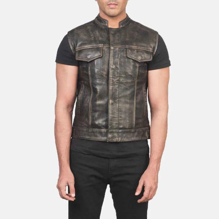 Men's Moto Distressed Brown Leather Vest