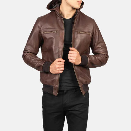 Men's Bouncer Biz Brown Hooded Bomber Jacket