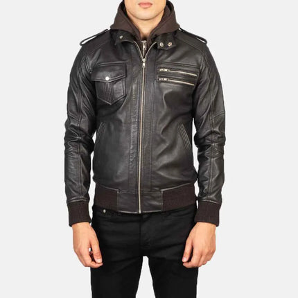 Men's Bravado Brown Hooded Leather Bomber Jacket