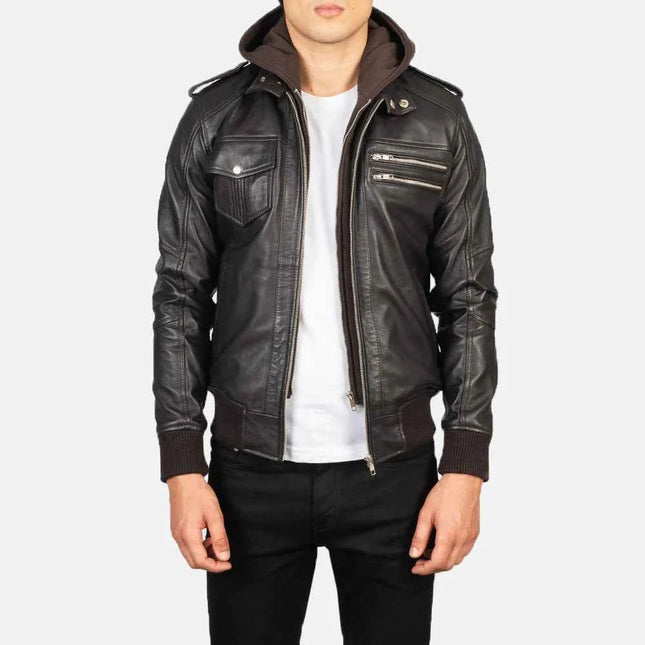 Men's Bravado Brown Hooded Leather Bomber Jacket