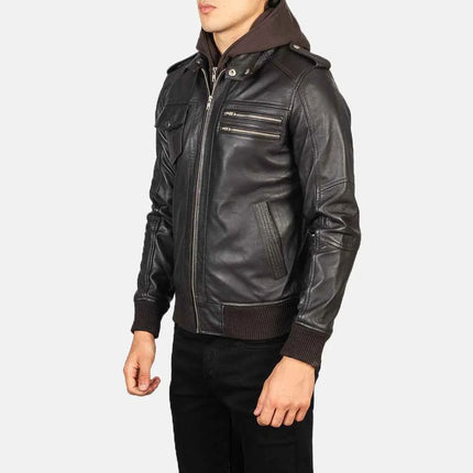 Men's Bravado Brown Hooded Leather Bomber Jacket