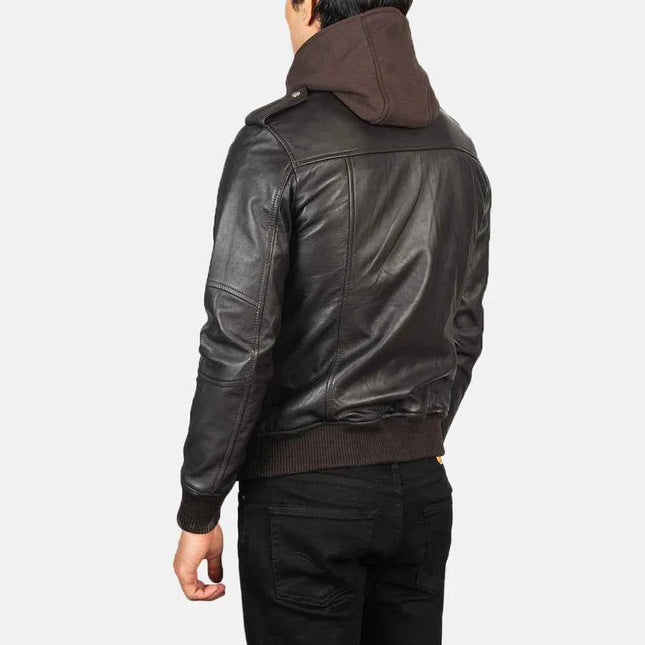 Men's Bravado Brown Hooded Leather Bomber Jacket