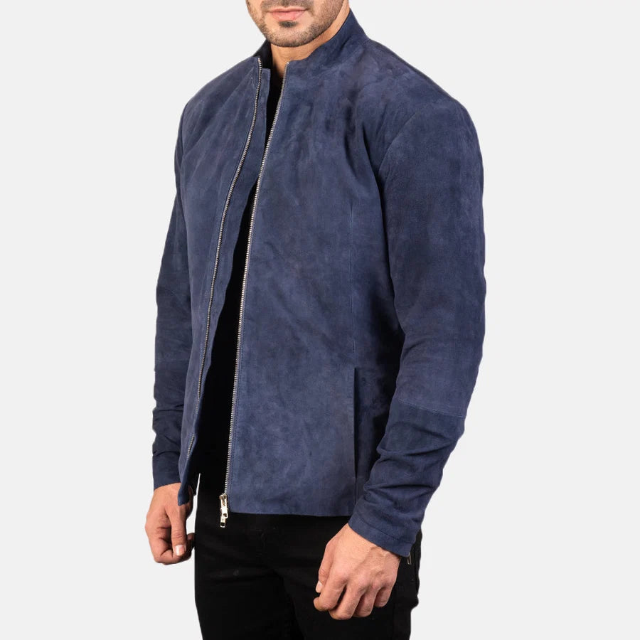 Midnight Navy Blue Men Suede Biker Jacke