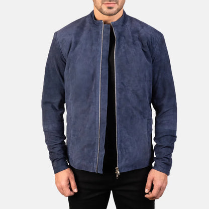 Midnight Navy Blue Men Suede Biker Jacke