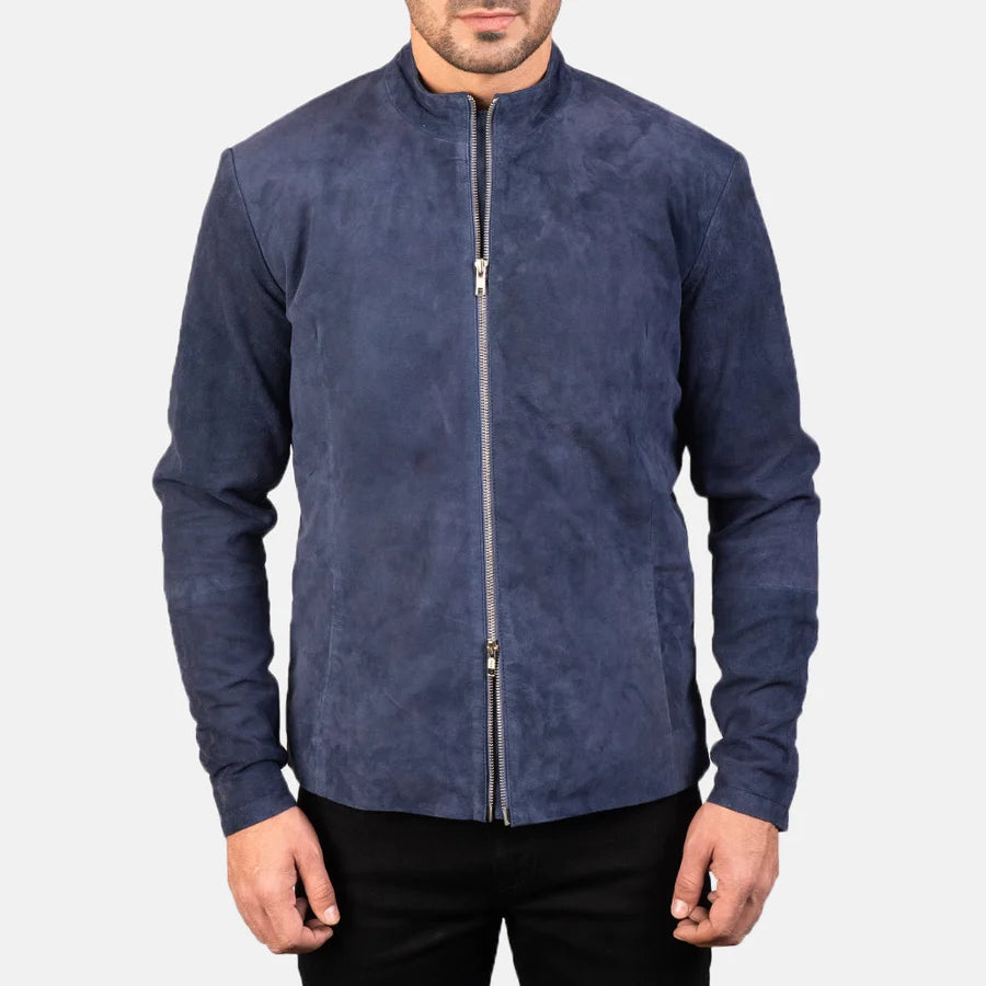 Midnight Navy Blue Men Suede Biker Jacke