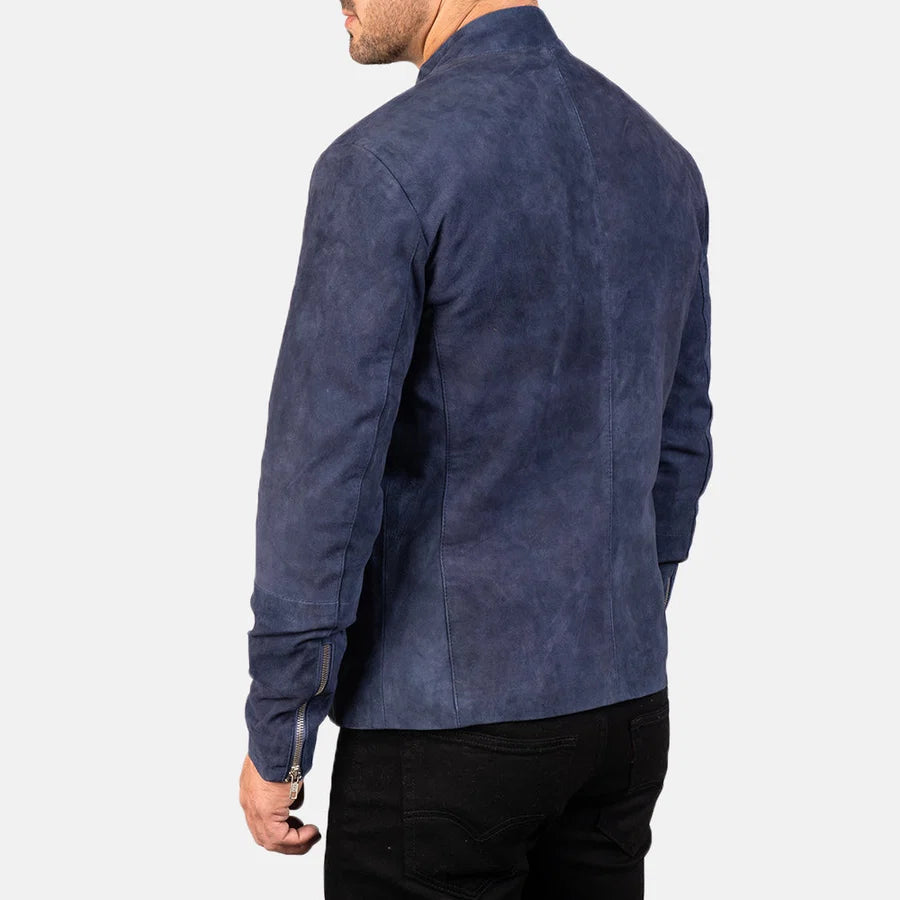 Midnight Navy Blue Men Suede Biker Jacke