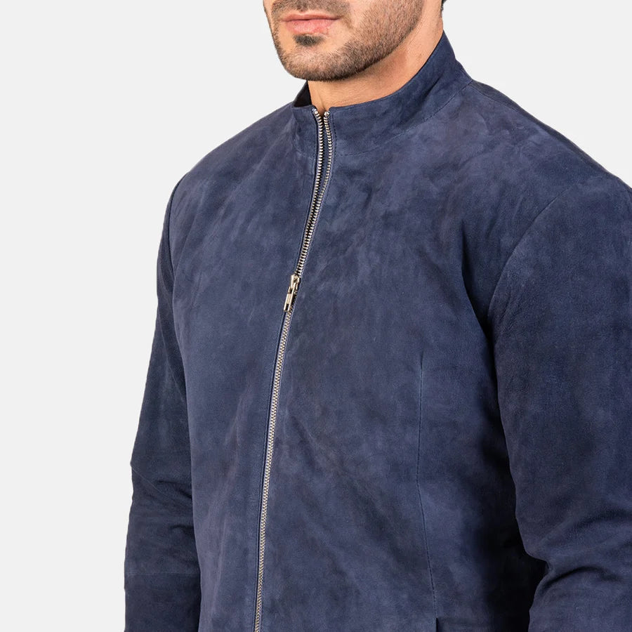 Midnight Navy Blue Men Suede Biker Jacke