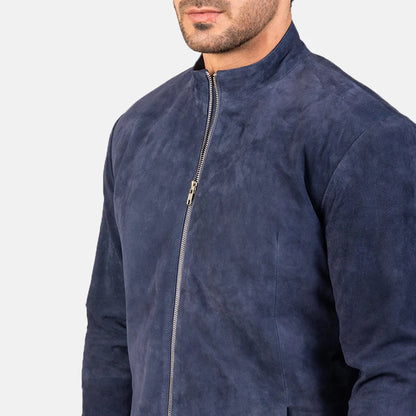 Midnight Navy Blue Men Suede Biker Jacke