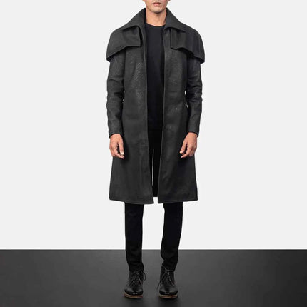 Men's Classic Distressed Black Leather Duster