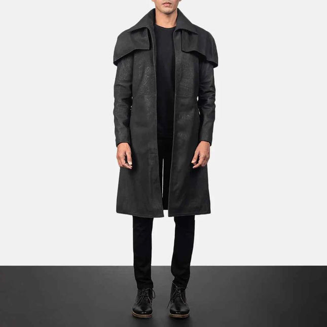 Men's Classic Distressed Black Leather Duster