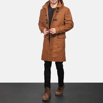 Men's Khaki Wool Hooded Duffle Coat