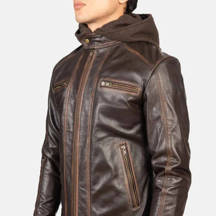 Men's Vintage Brown Hooded Leather Biker Jacket