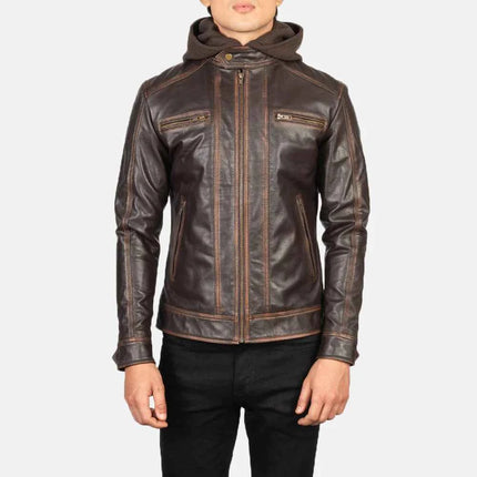 Men's Vintage Brown Hooded Leather Biker Jacket