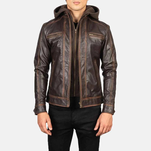 Men's Vintage Brown Hooded Leather Biker Jacket