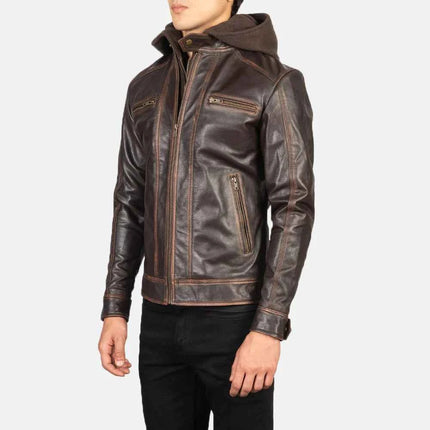Men's Vintage Brown Hooded Leather Biker Jacket