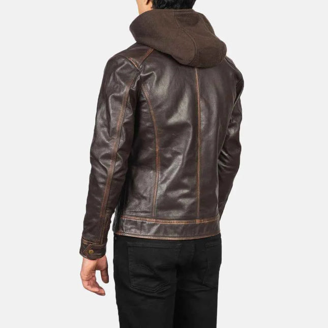 Men's Vintage Brown Hooded Leather Biker Jacket