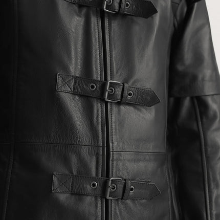 Men's Huntsman Black Hooded Leather Trench Coat