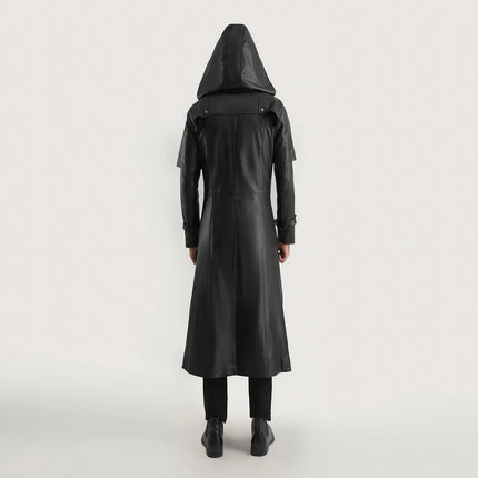 Men's Huntsman Black Hooded Leather Trench Coat