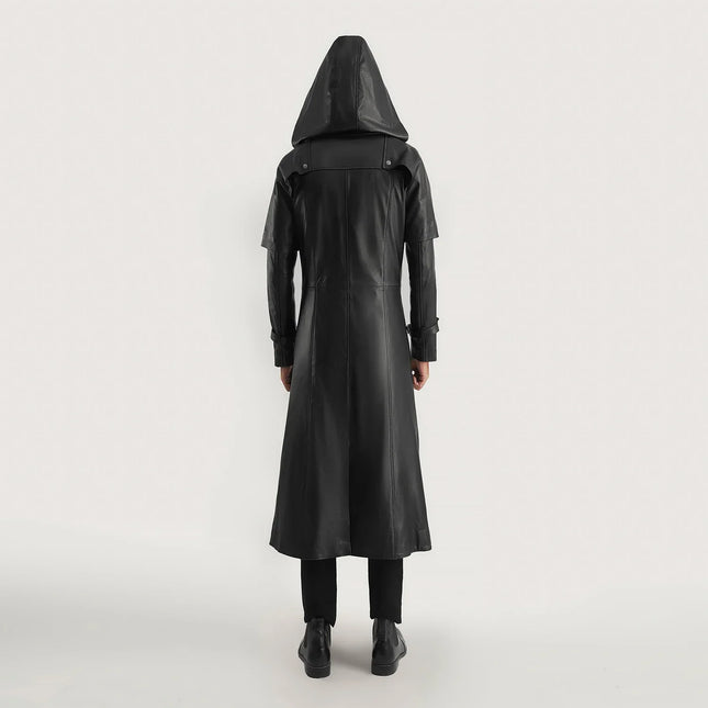 Men's Huntsman Black Hooded Leather Trench Coat