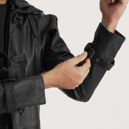 Men's Huntsman Black Hooded Leather Trench Coat