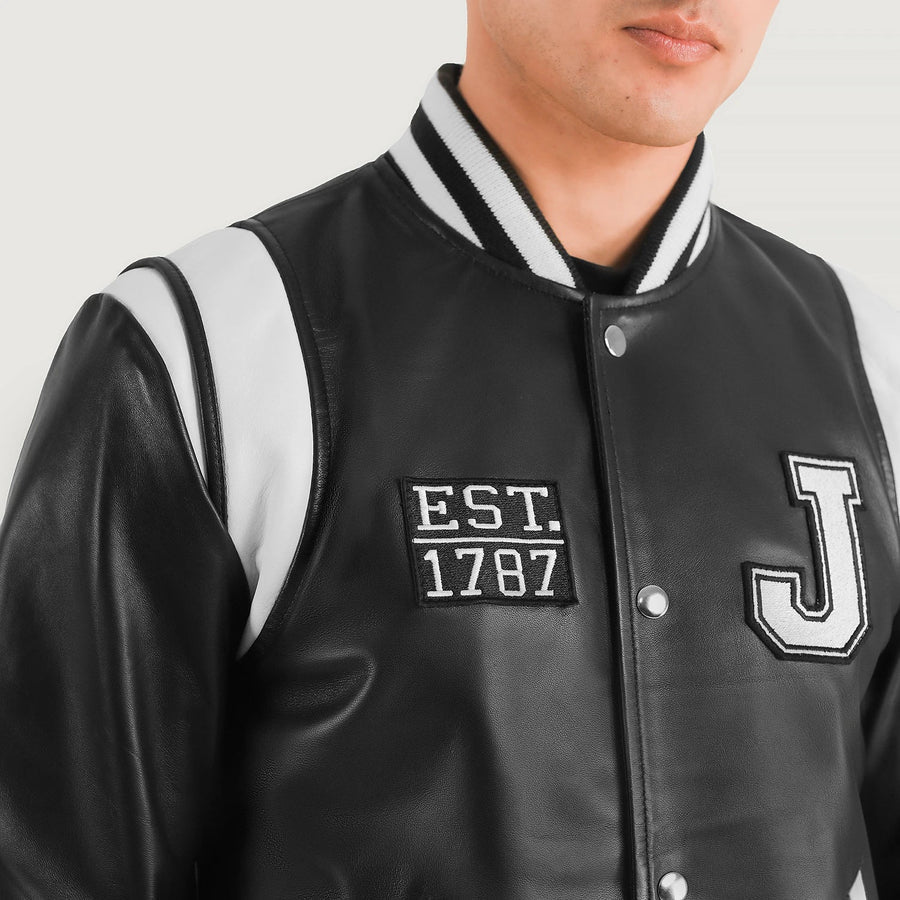 Liberte New Jersey Men Black Leather Varsity Jacket